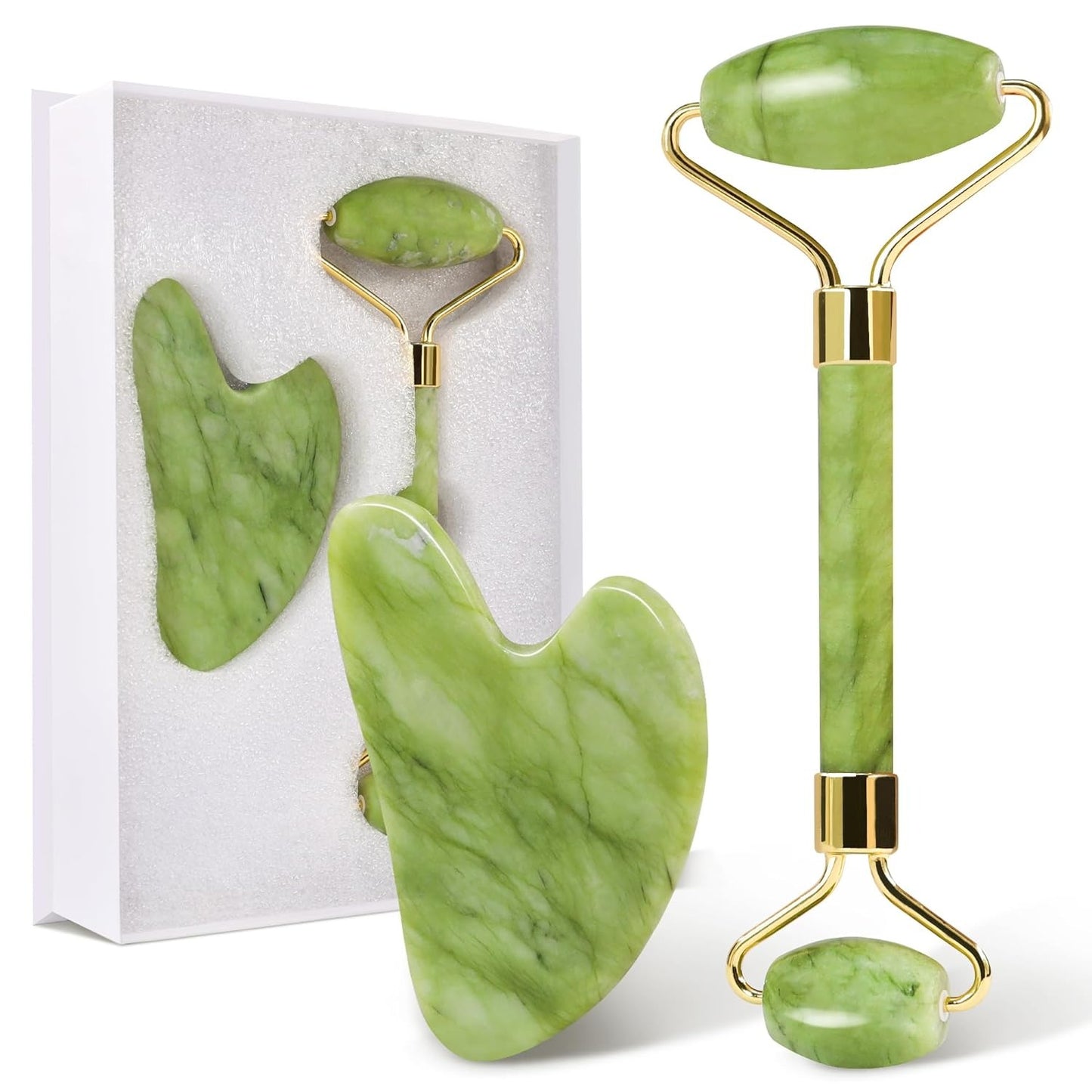 FLFWLASS Contour Facial Roller & Gua Sha Massager Set – Natural Jade Stone Beauty Kit for Face Lifting & Anti-Aging